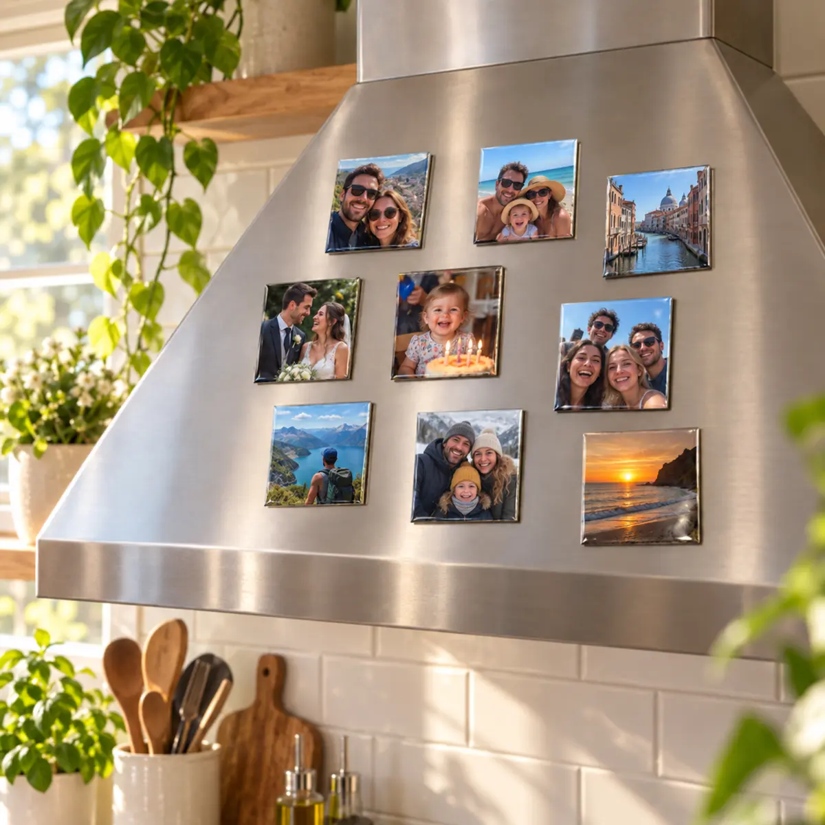Persoonlijke fotomagneten met familie- en reismomenten op een moderne rvs afzuigkap